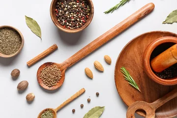 Fotobehang Eten Composition with various aromatic spices on grey background  © Pixel-Shot