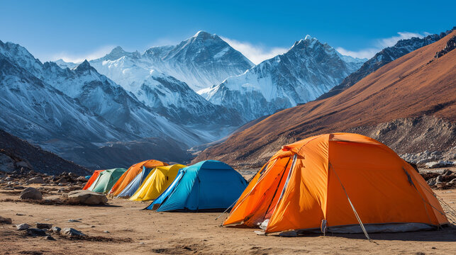 Mount Everest Festival, Vibrant Expedition Tents Lined Up at Everest Base Camp During Annual Mount Everest Festival Gathering