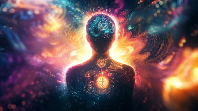 Abstract illustration of human form with cosmic energy and swirling colors