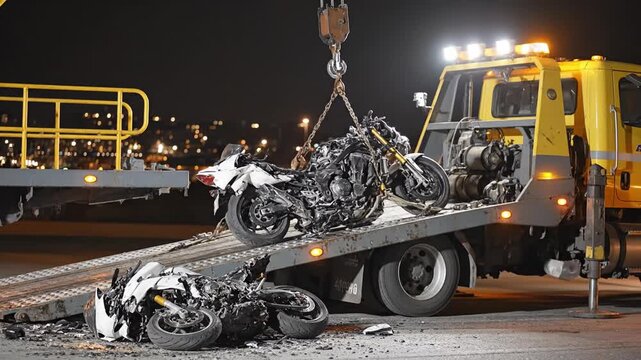 Yellow tow truck crane lifts a severely damaged motorcycle onto its flatbed at night. Scene shows the aftermath of a serious road accident. Ideal for insurance or road safety educational content.
