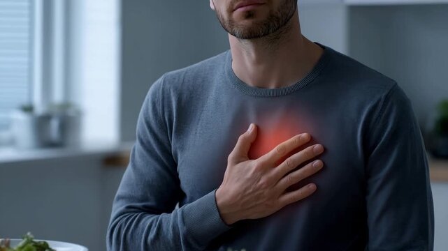Man experiencing heart pain holding chest indoors
