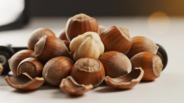 Close-up of a pile of hazelnuts in their shells, some shelled, on a bright surface.