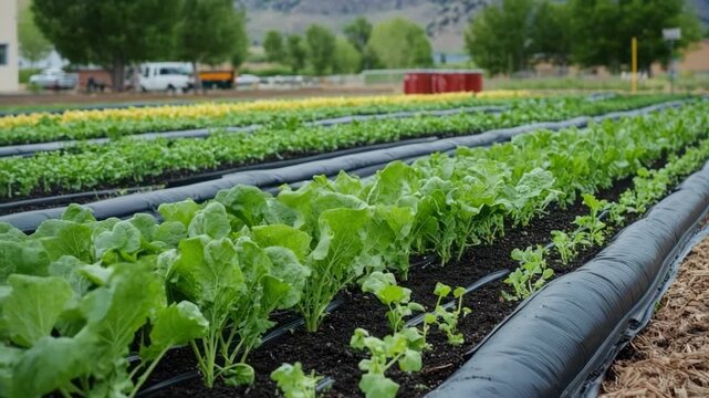 Rows of lush green leafy vegetables growing in a well-tended organic farm field with irrigation