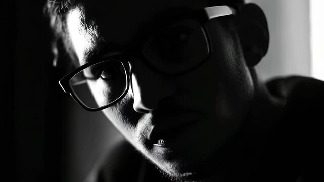 Black and white portrait of a pensive man's face with projected binary code and data streaming on him