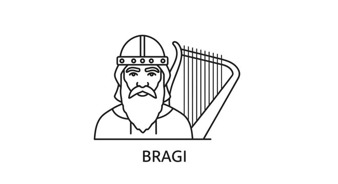 Norse god Bragi, god of poetry and music, playing a harp, line art illustration