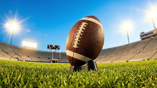 Kickoff ready: American football on a tee on a lush green stadium field under bright lights and a blue sky, low angle.