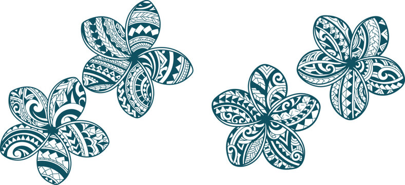 Stylized plumeria flowers adorned with distinct tribal patterns, perfect for tropical themed designs or island apparel
