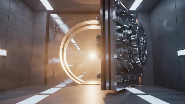 Massive bank vault door opens slowly. A bright light emerges from inside a secure concrete room. The intricate metal design suggests security and mystery.