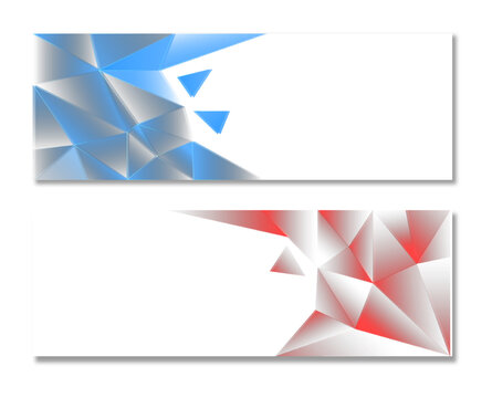 幾何学ポリゴンが広がるスタイリッシュな抽象バナーフレーム背景セット｜ビジネス資料やWebデザインに使えるブルー＆レッドの近未来テクスチャ素材