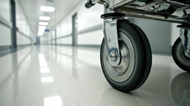 A close up shot of a medical gurney wheel in a long, empty hospital corridor. The scene conveys a sense of urgency, clinical stillness, or medical emergency. Ideal for healthcare or drama content.