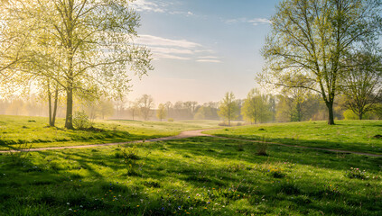 Obraz premium Serene landscape with winding path through lush green meadow and trees