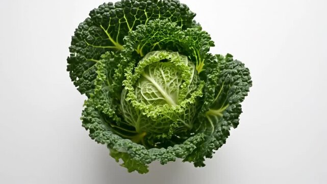 Savoy cabbage on white background with green and yellow veins growing into a round shape