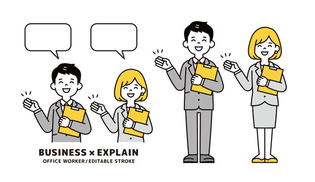 資料を持って案内・紹介する若い男女のビジネスパーソンの上半身・全身ベクターイラスト素材セット