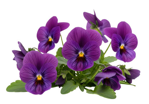 A cluster of vibrant purple pansy flowers isolated on transparent background