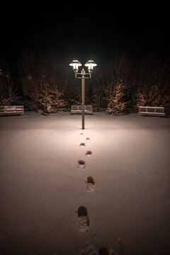 Beruhigende Ansicht einer Stra&szlig;enlaterne in der Dunkelheit bei Schnee im Winter
