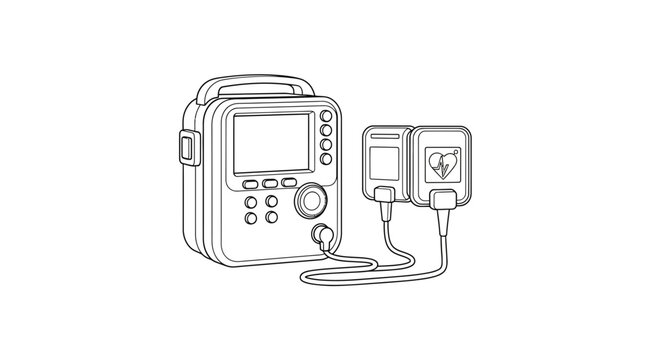 Defibrillator medical device with pads, emergency cardiac care equipment, illustration