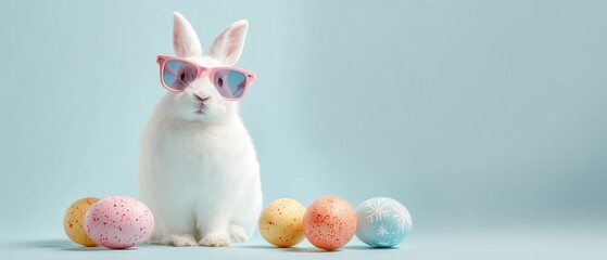 Fototapeta premium Cool Easter Bunny with Pastel Eggs. Easter Bunny's Playful Easter: A whimsical and joyous Easter bunny sports sunglasses, colorful eggs amidst a vibrant and fresh setting