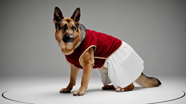 German Shepherd dog wears an elegant red velvet top and white pleated skirt in a studio setting. The dog poses, turning its head to face the camera. Pet fashion trend.