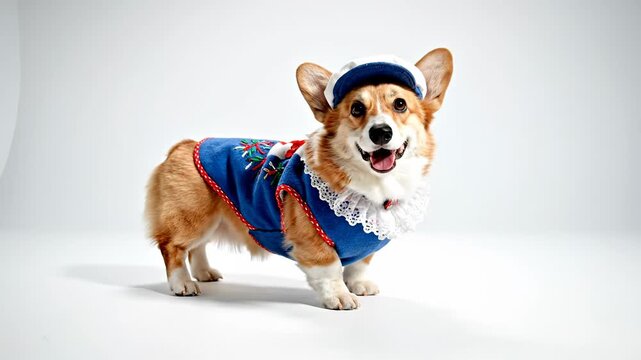 A happy Corgi dog poses in a blue sailor costume. It looks directly at the camera on a bright white studio background. A cute festive pet.