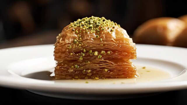 Golden baklava dessert covered with chopped pistachios on a white plate. Sweet syrup glistens over the layered phyllo pastry. Traditional Middle Eastern food.