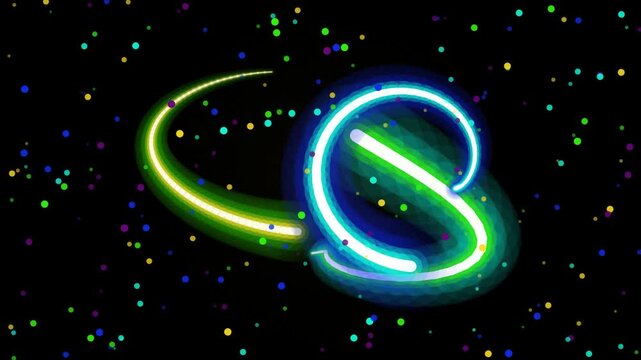 Glowing neon letter S on a starry night background with swirling green light trail in a celestial environment from a frontal viewpoint.