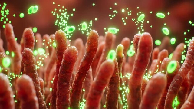 Glowing green particles drift above red intestinal villi in a microscopic view of gut absorption and microbiome