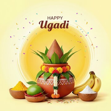 Happy Ugadi Greeting, Indian New Year, Festive Kalash, Traditional Celebration, Festival Wishes