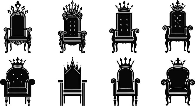 Royal throne chair silhouettes set with crown and ornate king seat vector illustration