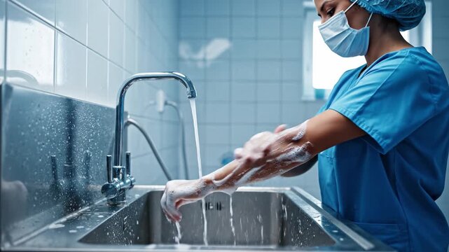 A female surgeon in blue scrubs and a mask washes her hands and arms with soap. The scene emphasizes hygiene and safety protocols in a hospital. Ideal for healthcare or medical training materials.