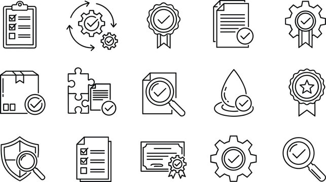 Quality assurance and certification icons set with checklist badge shield and approval symbols