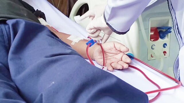 Medical staff monitor the dialysis procedure. If insertion of a tube into the vascular access system is deemed to compromise patient safety and comfort, medical staff will intervene.