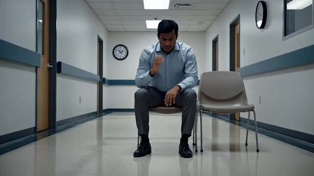 A man sits in a hospital hallway with his head in his hands, expressing grief or worry. He looks distressed while waiting for medical news. Concept of mental health and healthcare anxiety.
