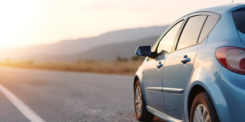 Naklejka premium Blue car parked on the side of a road at sunset. Automotive travel and journey concept. Modern hatchback vehicle on a road trip in a rural landscape during golden hour