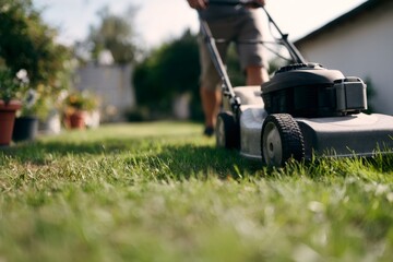 Low angle view of a person mowing a green lawn in the backyard. Close-up of a lawnmower during yard work and home maintenance