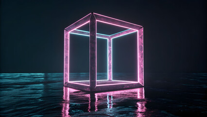 Futuristic glowing neon cube frame floating over dark water with reflections 3D render minimalist design
