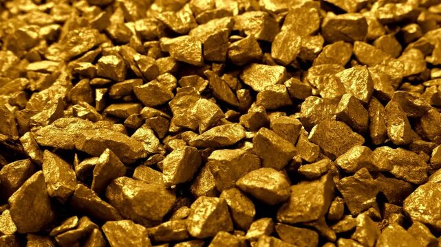 Heap of raw gold ore nuggets and golden stones. jagged edges and metallic luster of the ore under bright, financial news, gold mining investment banking presentations, and jewelry industry concept