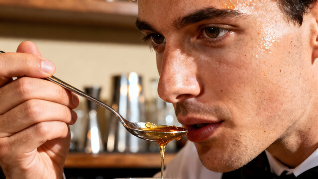 Taste Test: A close-up shot of a bartender with intense concentration, focusing on a precise taste test with a spoon. A moment of culinary artistry and focused detail.