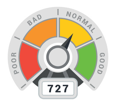 An illustration of a credit rating indicator with color-coded segments that indicate a range from poor to good ratings.
