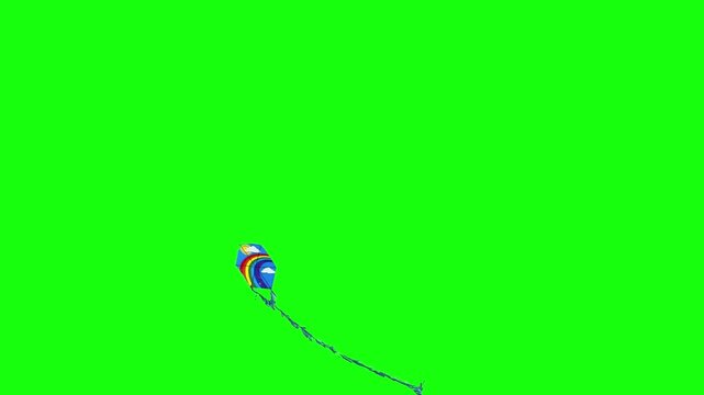A Bright Kite with a Long Tail of Silk Ribbons Flies in a Light Wind Kite Flying in Sky Kite Festival Green Screen Realistic Naturalistic 4K UHD Chroma Key Background