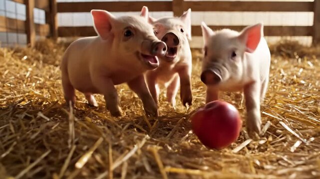 Three cute pink piglets walk and nudge an apple. They explore playfully in golden straw inside a barn. Innocent farm animals.