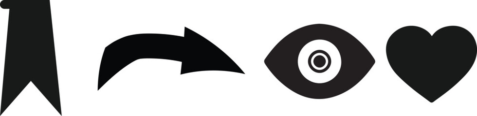 Social Interaction Icon Pack &ndash; Views, Likes, Favorites, Share & Message Send Symbols for UI/App.  eye views, heart, like, save, share, and send arrow symbols, for engagement and interaction,