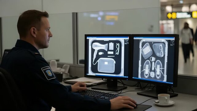 white male airport security officer monitoring xray screens