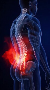 Lower Back Pain Medical Animation with Red Inflammation Flow Highlighting Lumbar Spine and Glute Muscle Pain Area