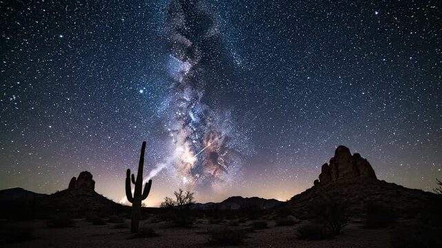 Milky Way galaxy visible over a desert landscape at night. A bright meteor streaks across the starry sky, illuminating the saguaro cactus. Cosmic phenomenon in an arid environment.