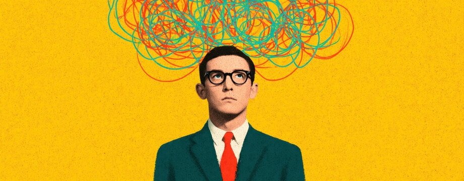 Professional Man Wearing Glasses and Suit Looking at Colorful Tangled Scribble Above Him Money Worries and Mental Financial Stress Financial Chaos Mindset