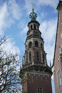Heilige Lodewijkkerk church in Leiden, Netherlands, vertical view showing the building, architecture, and surrounding city