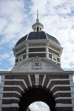 Morospoort gate with old brick walls in Leiden, Netherlands. Vertical shot