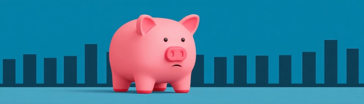 Sad Pink Piggy Bank in Front of Blue Financial Bar Chart Showing Loss Money Worries and Economic Downturn Falling Finance Reality
