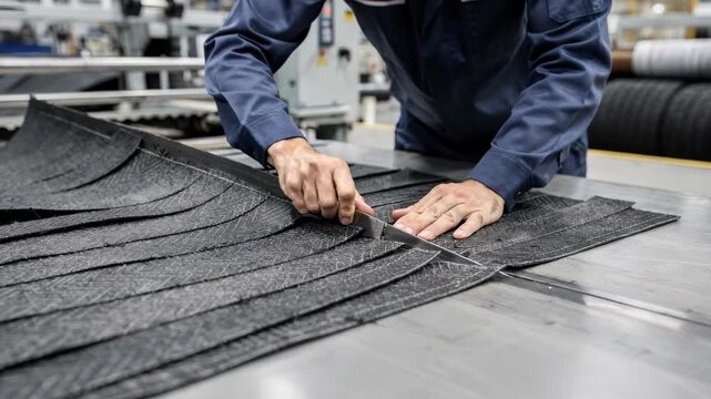 Medium shot of industrial worker skillfully cutting tire plies at a 30degree bias angle showcasing precision in fabric preparation for carcass ply layering.