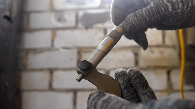 Closeup of a worker in protective gloves holding a micrometer, a precise measuring instrument used in mechanical engineering and manufacturing for accurate thickness and diameter measurements